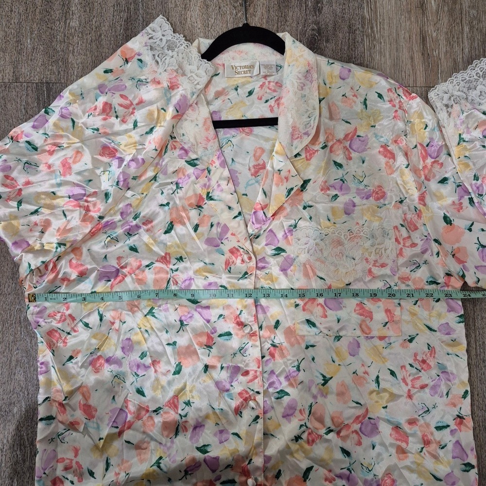 Vtg Victorias Secret Floral Pajama Set Top Pants Long Sleeve Lace Trim L - Picture 12 of 14
